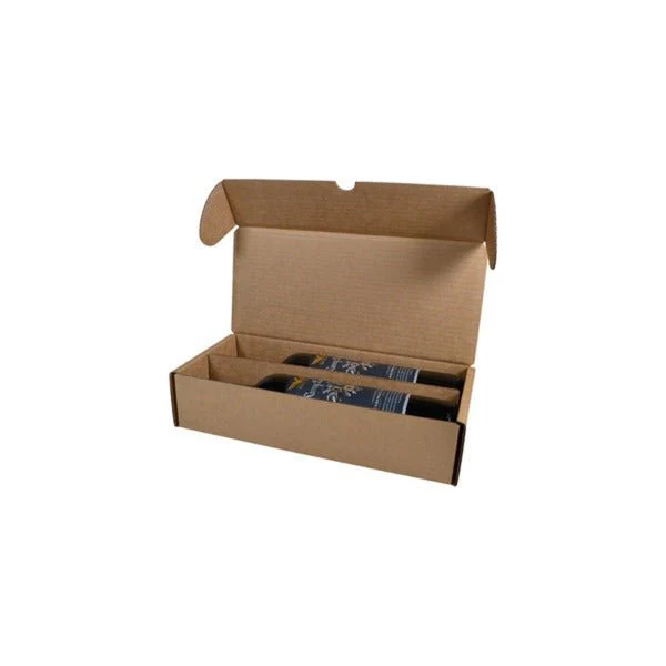 SAMPLE - B Flute - One Piece 330mm Double Wine Bottle Postage Box [REMOVABLE INSERT] - Kraft Brown