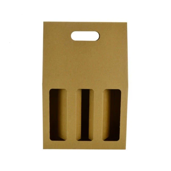 SAMPLE - E Flute - One Piece 3 Bottle Gable Top Wine Box with Window 19273 - Kraft Brown